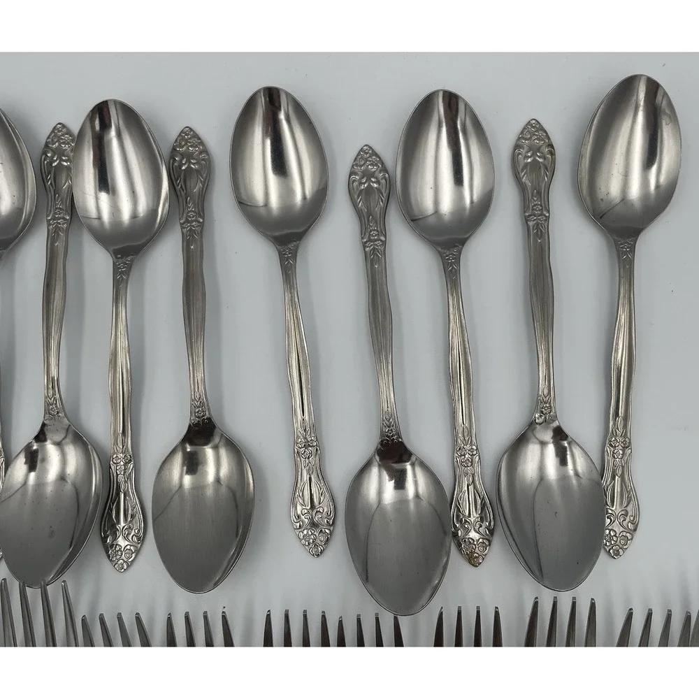 Vtg. 41 Piece Rogers Co. Japan Stainless Flatware Rose Pattern Knife Fork Spoon